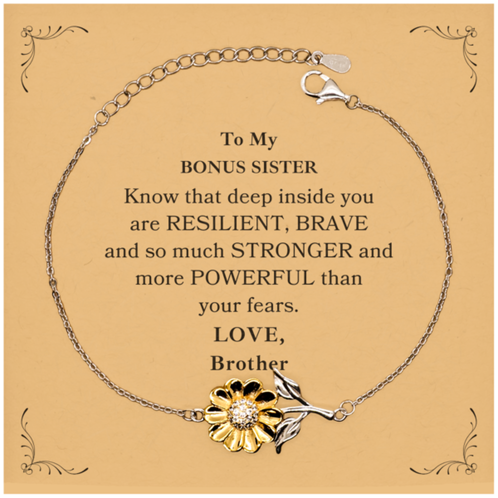 Bonus Sister, You're Brave and so much Stronger Sunflower Bracelet with Card. Gift for Bonus Sister. Christmas Motivational Gift From Brother. Best Idea Gift for Birthday