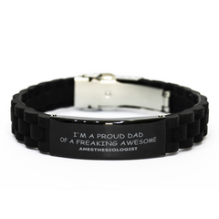 Anesthesiologist Gifts. Proud Dad of a freaking Awesome Anesthesiologist. Black Glidelock Clasp Bracelet for Anesthesiologist. Great Gift for Him. Fathers Day Gift. Unique Dad Jewelry