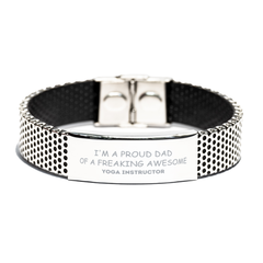 Yoga Instructor Gifts. Proud Dad of a freaking Awesome Yoga Instructor. Stainless Steel Bracelet for Yoga Instructor. Great Gift for Him. Fathers Day Gift. Unique Dad Jewelry