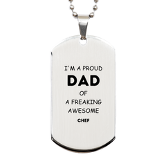 Chef Gifts. Proud Dad of a freaking Awesome Chef. Silver Dog Tag for Chef. Great Gift for Him. Fathers Day Gift. Unique Dad Pendant