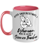 Science Teacher Mug Never Underestimate A Woman Who Is Also A Science Teacher Coffee Cup Two Tone Pink 11oz