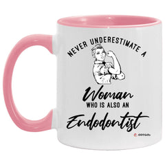 Endodontist Mug Never Underestimate A Woman Who Is Also An Endodontist Coffee Cup Two Tone Pink 11oz AM11OZ