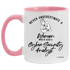 Cyber Security Analyst Mug Never Underestimate A Woman Who Is Also A Cyber Security Analyst Coffee Cup Two Tone Pink 11oz AM11OZ