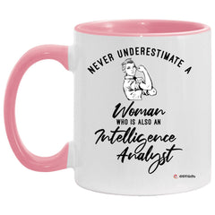 Intelligence Analyst Mug Never Underestimate A Woman Who Is Also An Intelligence Analyst Coffee Cup Two Tone Pink 11oz AM11OZ