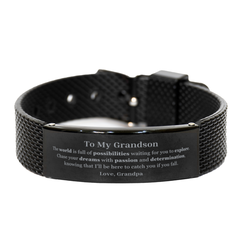 To My Grandson Supporting Black Shark Mesh Bracelet, The world is full of possibilities waiting, Birthday Inspirational Gifts for Grandson from Grandpa