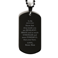 Bonus Son, You're Brave and so much Stronger Black Dog Tag. Gift for Bonus Son. Christmas Motivational Gift From Bonus Mom. Best Idea Gift for Birthday