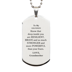 Grandson, You're Brave and so much Stronger Silver Dog Tag. Gift for Grandson. Christmas Motivational Gift From Grandmother. Best Idea Gift for Birthday