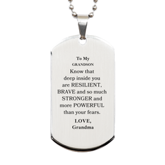 Grandson, You're Brave and so much Stronger Silver Dog Tag. Gift for Grandson. Christmas Motivational Gift From Grandma. Best Idea Gift for Birthday