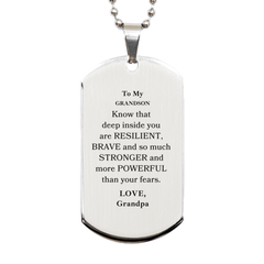 Grandson, You're Brave and so much Stronger Silver Dog Tag. Gift for Grandson. Christmas Motivational Gift From Grandpa. Best Idea Gift for Birthday