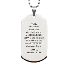 Son In Law, You're Brave and so much Stronger Silver Dog Tag. Gift for Son In Law. Christmas Motivational Gift From Mother In Law. Best Idea Gift for Birthday