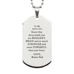 Bonus Son, You're Brave and so much Stronger Silver Dog Tag. Gift for Bonus Son. Christmas Motivational Gift From Bonus Dad. Best Idea Gift for Birthday