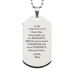 Unbiological Son, You're Brave and so much Stronger Silver Dog Tag. Gift for Unbiological Son. Christmas Motivational Gift From Mom. Best Idea Gift for Birthday