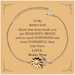 Bonus Son, You're Brave and so much Stronger Sunflower Bracelet with Card. Gift for Bonus Son. Christmas Motivational Gift From Bonus Mom. Best Idea Gift for Birthday