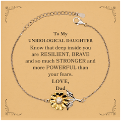 Unbiological Daughter, You're Brave and so much Stronger Sunflower Bracelet with Card. Gift for Unbiological Daughter. Christmas Motivational Gift From Dad. Best Idea Gift for Birthday