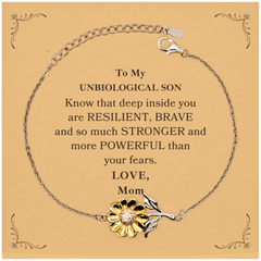 Unbiological Son, You're Brave and so much Stronger Sunflower Bracelet with Card. Gift for Unbiological Son. Christmas Motivational Gift From Mom. Best Idea Gift for Birthday