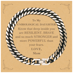 Unbiological Daughter, You're Brave and so much Stronger Cuban Link Chain Bracelet with Card. Gift for Unbiological Daughter. Christmas Motivational Gift From Mom. Best Idea Gift for Birthday