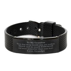 Grandson, You're Brave and so much Stronger Black Shark Mesh Bracelet. Gift for Grandson. Christmas Motivational Gift From Grandpa. Best Idea Gift for Birthday