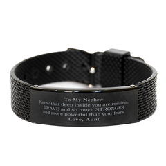 Nephew, You're Brave and so much Stronger Black Shark Mesh Bracelet. Gift for Nephew. Christmas Motivational Gift From Aunt. Best Idea Gift for Birthday