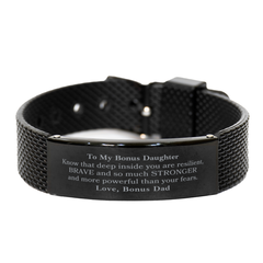 Bonus Daughter, You're Brave and so much Stronger Black Shark Mesh Bracelet. Gift for Bonus Daughter. Christmas Motivational Gift From Bonus Dad. Best Idea Gift for Birthday