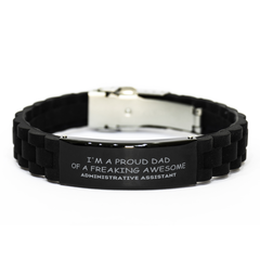 Administrative Assistant Gifts. Proud Dad of a freaking Awesome Administrative Assistant. Black Glidelock Clasp Bracelet for Administrative Assistant. Great Gift for Him. Fathers Day Gift. Unique Dad Jewelry