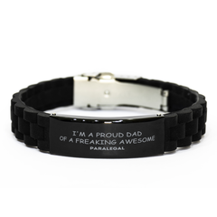 Paralegal Gifts. Proud Dad of a freaking Awesome Paralegal. Black Glidelock Clasp Bracelet for Paralegal. Great Gift for Him. Fathers Day Gift. Unique Dad Jewelry