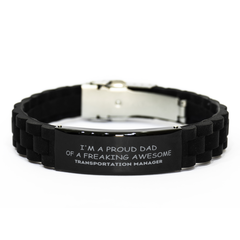 Transportation Manager Gifts. Proud Dad of a freaking Awesome Transportation Manager. Black Glidelock Clasp Bracelet for Transportation Manager. Great Gift for Him. Fathers Day Gift. Unique Dad Jewelry