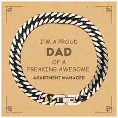 Apartment Manager Gifts. Proud Dad of a freaking Awesome Apartment Manager. Cuban Link Chain Bracelet with Card for Apartment Manager. Great Gift for Him. Fathers Day Gift. Unique Dad Jewelry