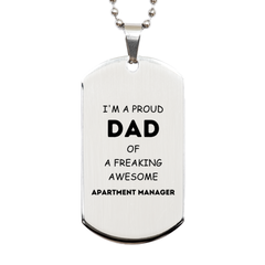 Apartment Manager Gifts. Proud Dad of a freaking Awesome Apartment Manager. Silver Dog Tag for Apartment Manager. Great Gift for Him. Fathers Day Gift. Unique Dad Pendant
