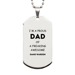 Game Warden Gifts. Proud Dad of a freaking Awesome Game Warden. Silver Dog Tag for Game Warden. Great Gift for Him. Fathers Day Gift. Unique Dad Pendant