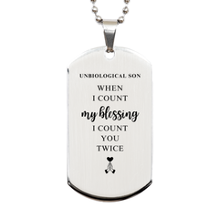 Religious Gifts for Unbiological Son, God Bless You. Christian Silver Dog Tag for Unbiological Son. Christmas Faith Gift for Unbiological Son