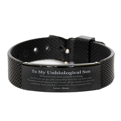 To My Unbiological Son Inspirational Black Shark Mesh Bracelet, I'm so proud of you, Unbiological Son Birthday Supporting Gifts From Mom