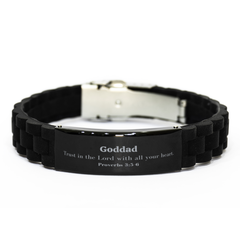 Christian Goddad Gifts, Trust in the Lord with all your heart, Bible Verse Scripture Black Glidelock Clasp Bracelet, Baptism Confirmation Gifts for Goddad