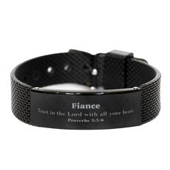 Christian Fiance Gifts, Trust in the Lord with all your heart, Bible Verse Scripture Black Shark Mesh Bracelet, Baptism Confirmation Gifts for Fiance