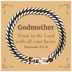 Christian Godmother Gifts, Trust in the Lord with all your heart, Bible Verse Scripture Cuban Link Chain Bracelet, Baptism Confirmation Gifts for Godmother