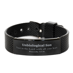 Christian Unbiological Son Gifts, Trust in the Lord with all your heart, Bible Verse Scripture Black Shark Mesh Bracelet, Baptism Confirmation Gifts for Unbiological Son