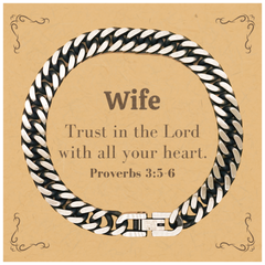 Christian Wife Gifts, Trust in the Lord with all your heart, Bible Verse Scripture Cuban Link Chain Bracelet, Baptism Confirmation Gifts for Wife