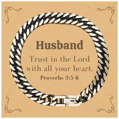 Christian Husband Gifts, Trust in the Lord with all your heart, Bible Verse Scripture Cuban Link Chain Bracelet, Baptism Confirmation Gifts for Husband