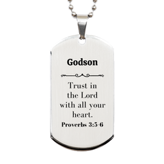 Christian Godson Gifts, Trust in the Lord with all your heart, Bible Verse Scripture Silver Dog Tag, Baptism Confirmation Gifts for Godson
