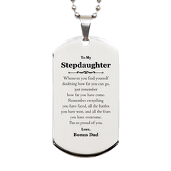 To My Stepdaughter Inspirational Silver Dog Tag, I'm so proud of you, Stepdaughter Birthday Supporting Gifts From Bonus Dad
