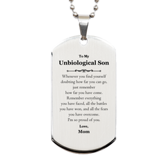 To My Unbiological Son Inspirational Silver Dog Tag, I'm so proud of you, Unbiological Son Birthday Supporting Gifts From Mom