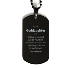 Dog Tag Goddaughter Necklace - Believe in Yourself Inspirational Gift From Godmother for Birthday or Graduation - Engraved Black Pendant Jewelry for Women - Confidence and Love Niche