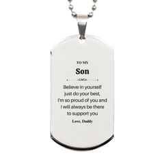 To My Son Engraved Silver Dog Tag - Perfect Gift for Graduation, Birthday, Christmas - Inspirational Message from Dad - Confidence and Support for Him