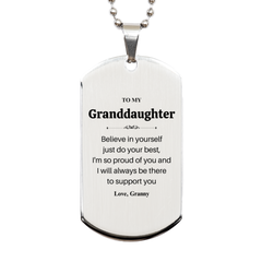 Believe in Yourself Silver Dog Tag Granddaughter Inspirational Gift for Birthday and Graduation, Engraved Confidence Support from Granny Love, Perfect Jewelry for Her