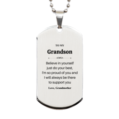 Grandson Silver Dog Tag Engraved Im so proud of you, always support, inspirational gift for Birthday, Christmas, Graduation, Veterans Day