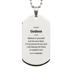 To My Godson Engraved Silver Dog Tag for Belief and Support from Godmother, Perfect Graduation or Birthday Gift