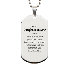 To My Daughter In Law Engraved Silver Dog Tag - Perfect Gift for Daughter In Law - Show Love and Support - Bonus Mom Approved - Sentimental Gift for Special Occasions