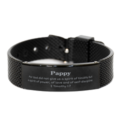 Black Shark Mesh Bracelet - Pappy Inspirational Gift for Him, 2 Timothy 1:7, Birthday, Christmas, Confidence