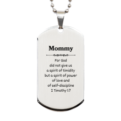 Mommy Silver Dog Tag For Power, Love, & Confidence Engraved Inspirational Necklace Perfect for Mothers Day, Birthday, Christmas Gifts