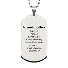 Grandmother Silver Dog Tag - Power, Love, Self-Discipline - Inspirational Engraved Jewelry for Birthday, Christmas, Veterans Day Gifts
