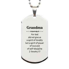 Grandma Engraved Silver Dog Tag - Inspirational 2 Timothy 1:7 Gift for Veterans Day, Birthday, and Holidays - Unique Confidence and Love Necklace for Grandma